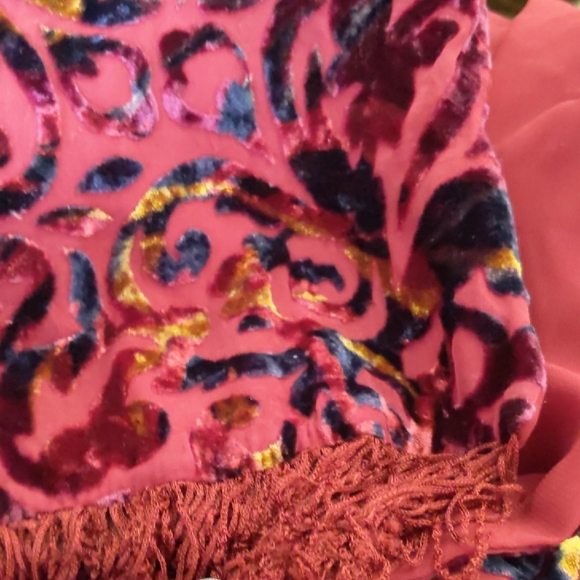 Burnt Velvet Red Navy Gold Women's Scarf Fringe whimsigoth vamp romantic - Picture 2 of 5